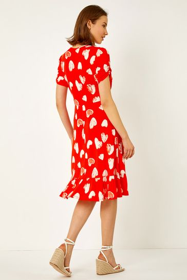 Red Heart Print Frill Hem Stretch Dress