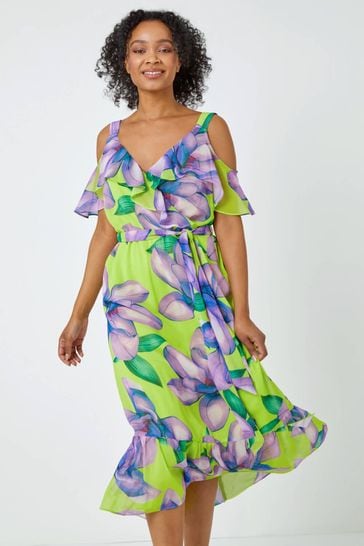 Buy Roman Green Petite Cold Shoulder Floral Frill Midi Dress from Next Ireland