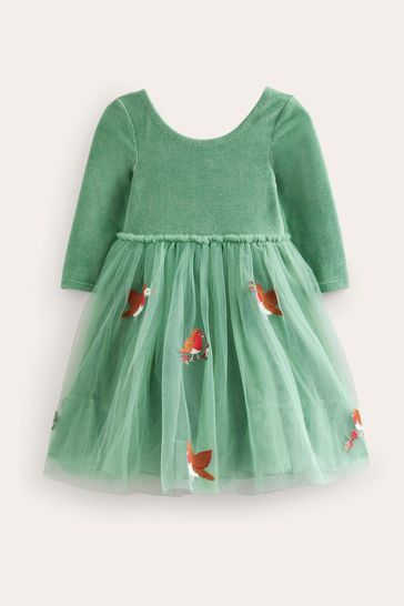 Boden Green Applique Velvet Tulle Dress