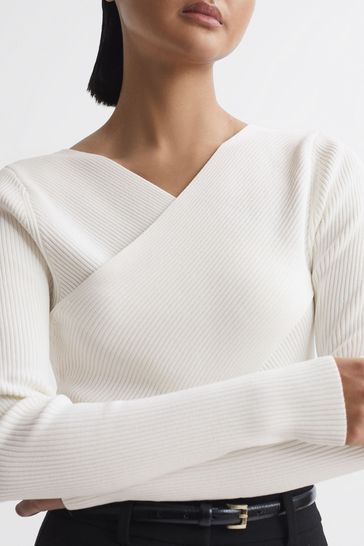 Reiss Ivory Heidi Knitted Wrap Long Sleeve Top