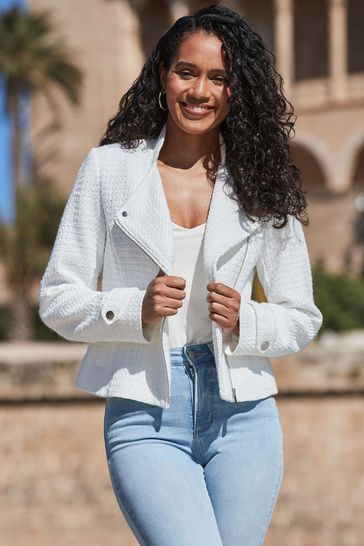 Sosandar White Boucle Biker Jacket