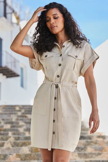 Sosandar Natural Linen Blend Utility Shirt Dress
