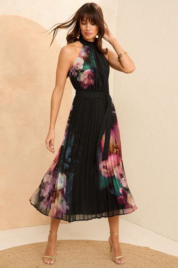 Love & Roses Black Floral Petite Pleated Halterneck Maxi Dress
