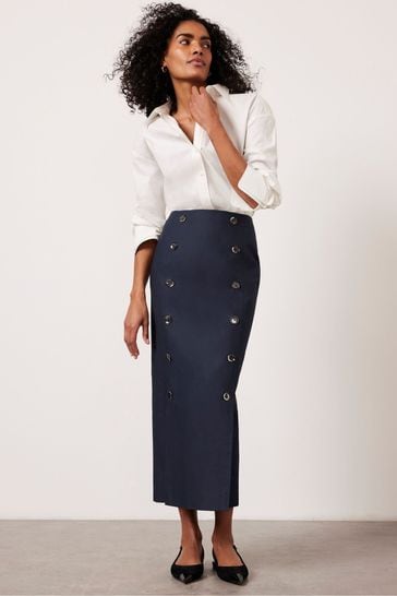 Mint Velvet Blue Navy Cotton Button Maxi Skirt