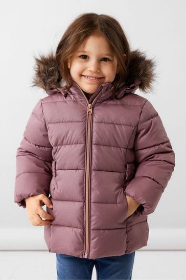 Name It Pink Glitter Padded Coat With Detachable Faux Fur Hood