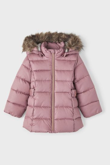 Buy Name It Pink Glitter Padded Coat With Detachable Faux Fur Hood