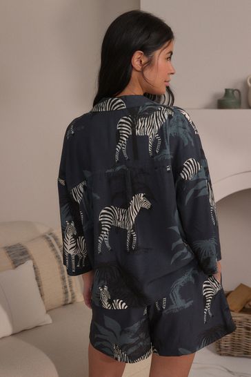 Charcoal Grey Zebra Button Through Short Set Pyjamas