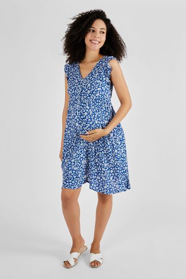 JoJo Maman Bebe Blue Frill Sleeve Maternity Dress