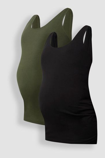 JoJo Maman Bébé Khaki Green & Black 2-Pack Ruched Maternity Vest Tops