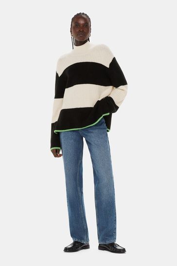 Whistles Block Stripe Rib Funnel Neck Black Jumper