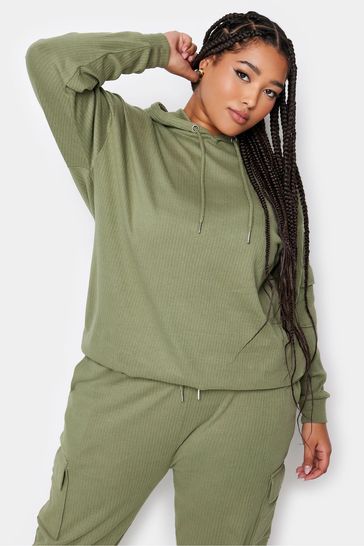 Yours Curve Green Ribbed Cargo Hoodie