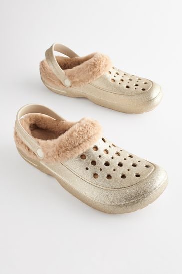 Gold Faux Fur Lined Clog Slippers Womens