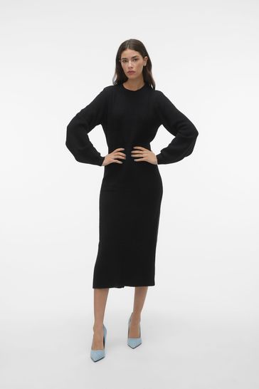 VERO MODA Black Waisted Long Sleeve Midi Knitted Jumper Dress