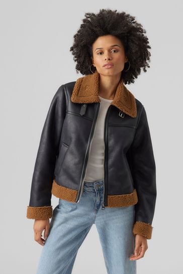 VERO MODA Black Faux Leather Zip Up Biker Jacket with Cosy Borg Lining