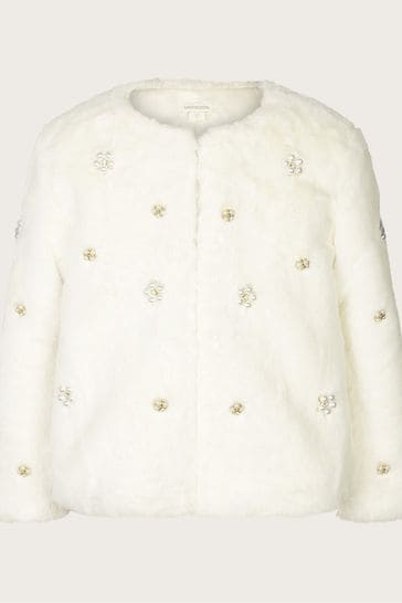 Monsoon White Faux Fur Embellished Jacket