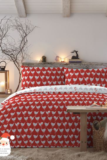 Fusion Red Geo Robin Christmas Reversible Duvet Cover Set