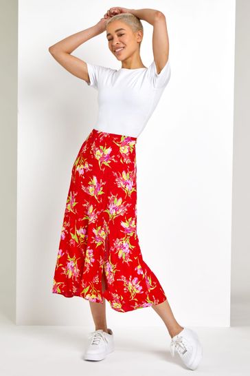 Red floral sale midi skirt