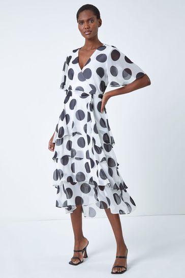 Roman White Polka Dot Tiered Frill Midi Dress