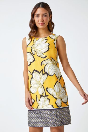 Roman Yellow Floral Border Print Shift Dress