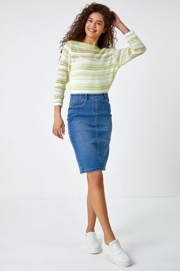 Stretch denim pencil skirt uk top
