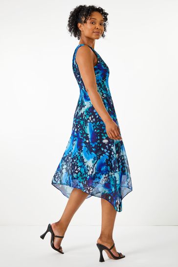 Roman Blue Petite Floral Midi Hanky Hem Dress
