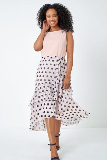 Buy Roman Petite Sleeveless Polka Dot Chiffon Midi Dress from the Laura Ashley online shop