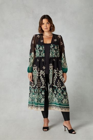 Live Unlimited Curve Green Placement Print Longline Kimono With Drawstring Waist