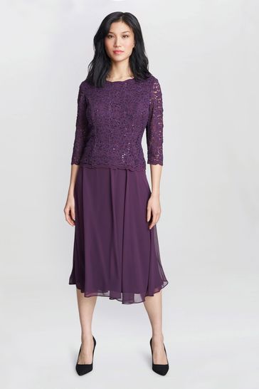 Buy Gina Bacconi Purple Rona Midi Length Dress With Lace Bodice