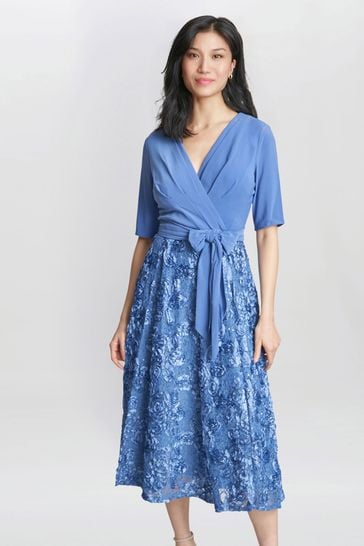 Gina Bacconi Blue Arlene Midi-Length Lace & Jersey Cocktail Dress