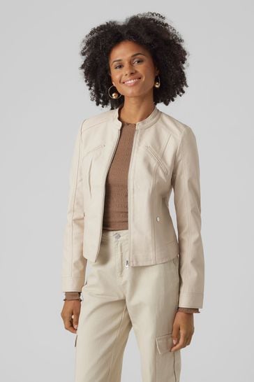 Buy VERO MODA Cream Collarless Faux Leather Biker Jacket from Next Saudi Arabia