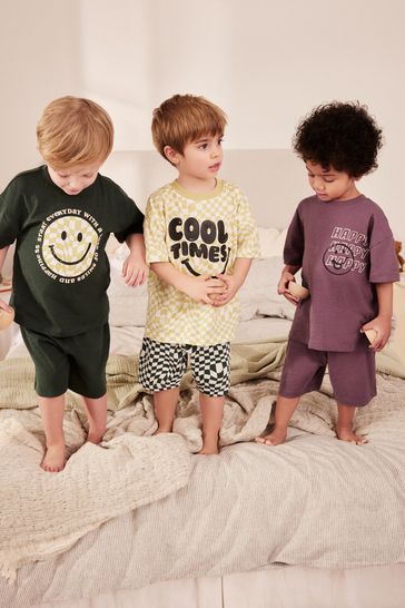 Purple/Green Checkerboard Smiley Short Pyjamas 3 Pack (9mths-12yrs)