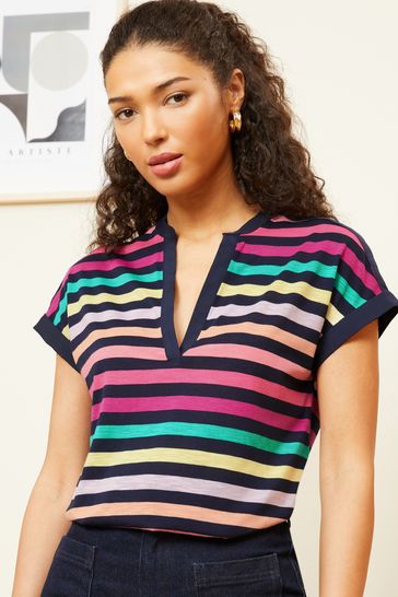 Love & Roses Navy Blue Rainbow Stripe Petite Jersey V Neck Woven Trim Shorts Sleeve T-Shirt