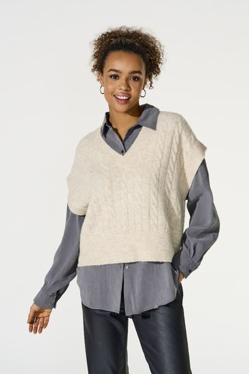 ONLY Natural Cable Knit V-Neck Sleeveless Jumper Vest