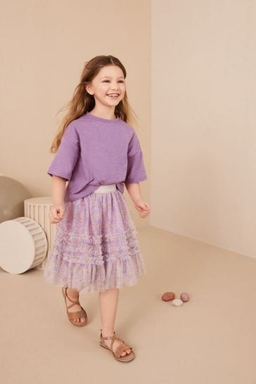 Mauve Purple T-Shirt And Floral Mesh Skirt Set (3-16yrs)