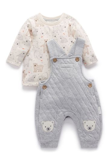 Purebaby Grey Polar Bear Quilted Dungaree 2 Piece Set