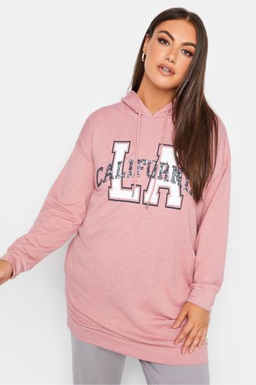 Yours Curve Pink Varsity Slogan Sequin Hoodie Dress