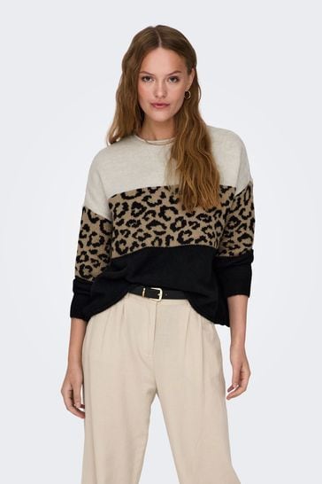 ONLY Cream Leopard Print Colourblock Knitted Jumper