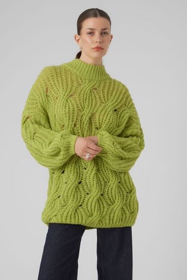 Premium Chunky Cable Knit Fluffy Jumper In Khaki Green