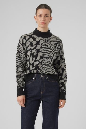 VERO MODA Black Mixed Animal Print Long Sleeve Cosy Knitted Jumper