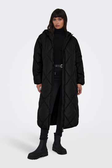 ONLY Black Diamond Quilted Longline Hooded Coat