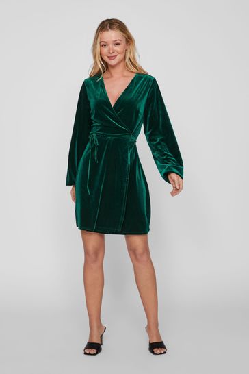 VILA Green Velvet Wrap Dress