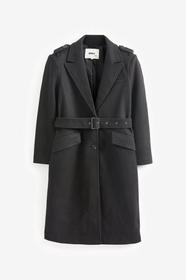 ONLY Black Tailored Coat With Button Up Front and Removable Belt
