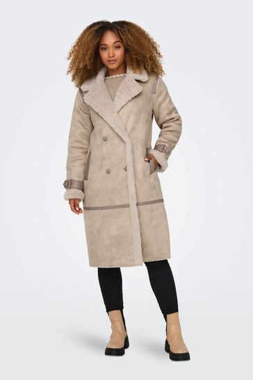 ONLY Cream Longline Cosy Teddy Button Up Aviator Coat