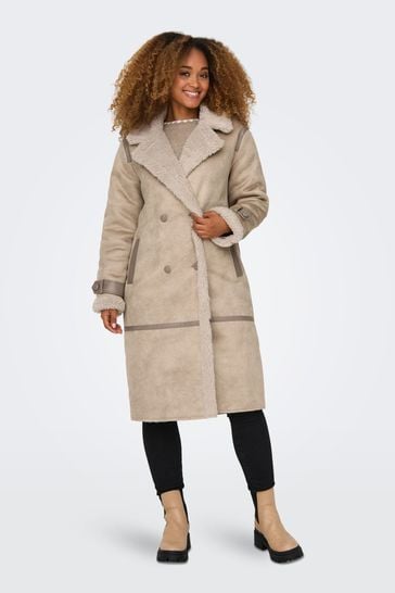 Buy ONLY Cream Longline Cosy Teddy Button Up Aviator Coat from