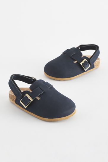 Navy Leather Slip-On Clog Mules