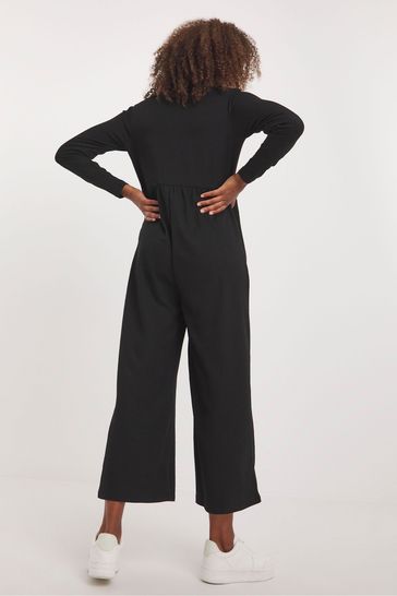 Simply Be Black Long Sleeve Button Up Waffle Jumpsuit