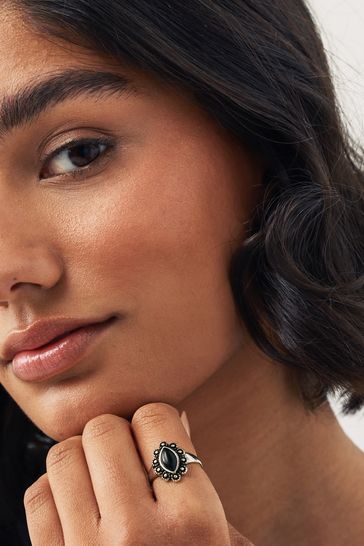 Buy Silver Tone Boho Black Stone Statement Ring Made with Recycled