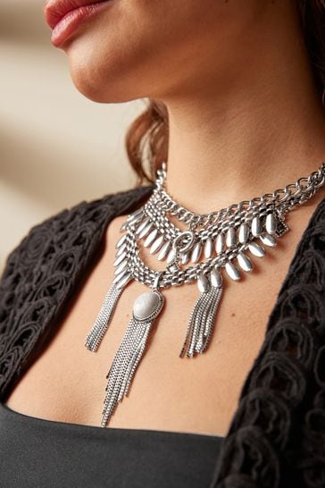 Burnished Silver Statement Layered Boho Necklace