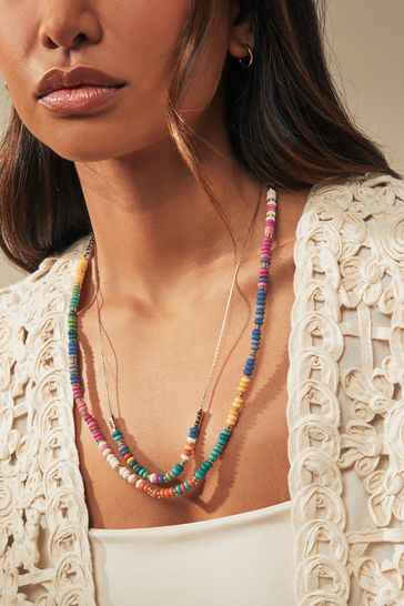 Multi Coloured Beaded Double Row Long Necklace