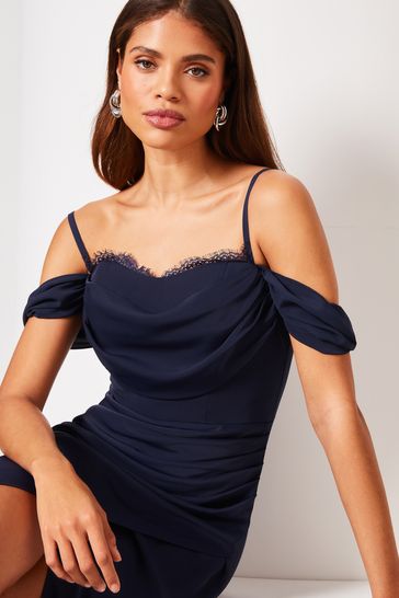 Lipsy Navy Blue Petite Cowl Lace Cami Drape Maxi Dress